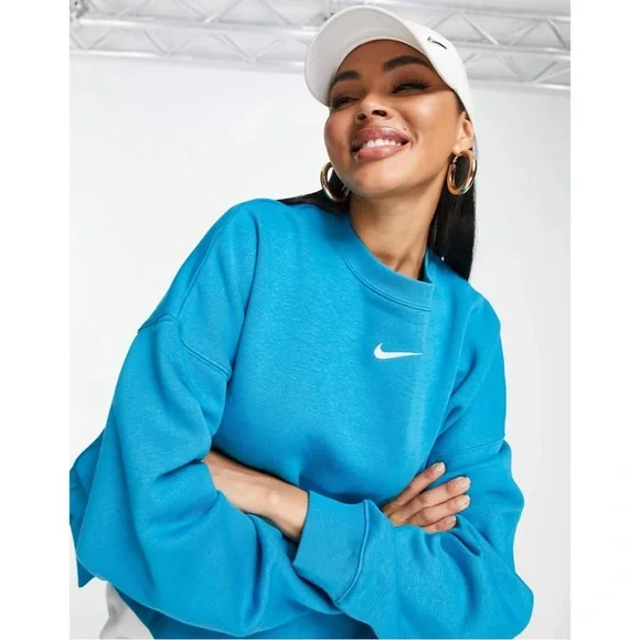 nike phoenix fleece oversized crewneck sweatshirt in teal - Picture 2 of 7